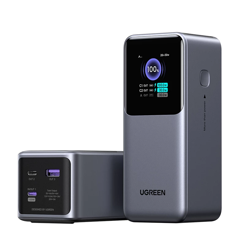 Ugreen 20000mAh 130W ātrās uzlādes ārējais akumulators litija pelēks