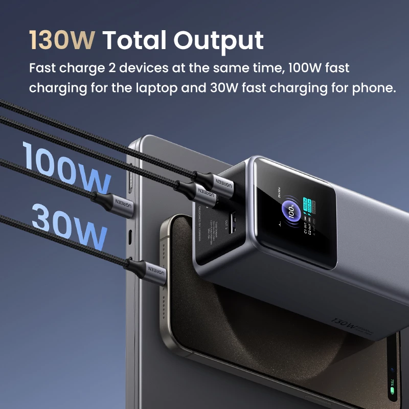 Ugreen 20000mAh 130W ātrās uzlādes ārējais akumulators litija pelēks