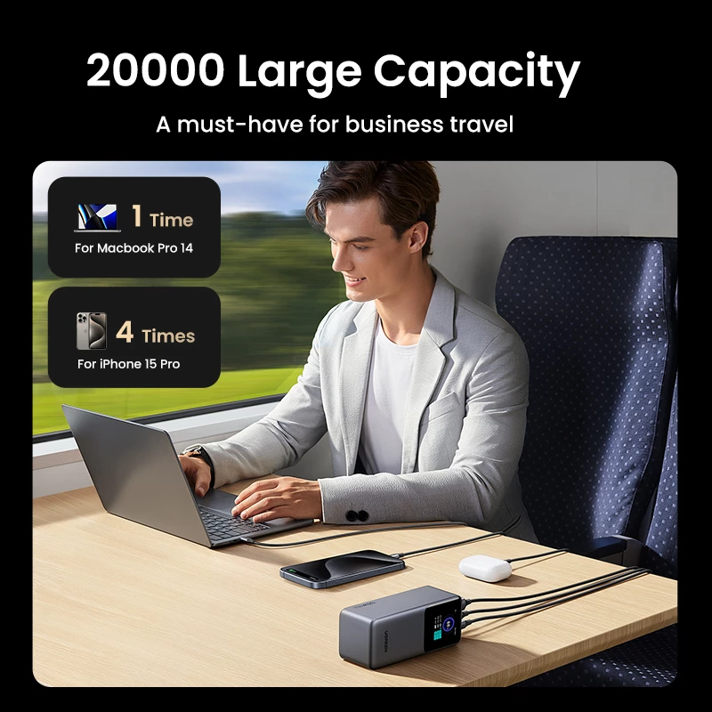 Ugreen 20000mAh 130W ātrās uzlādes ārējais akumulators litija pelēks