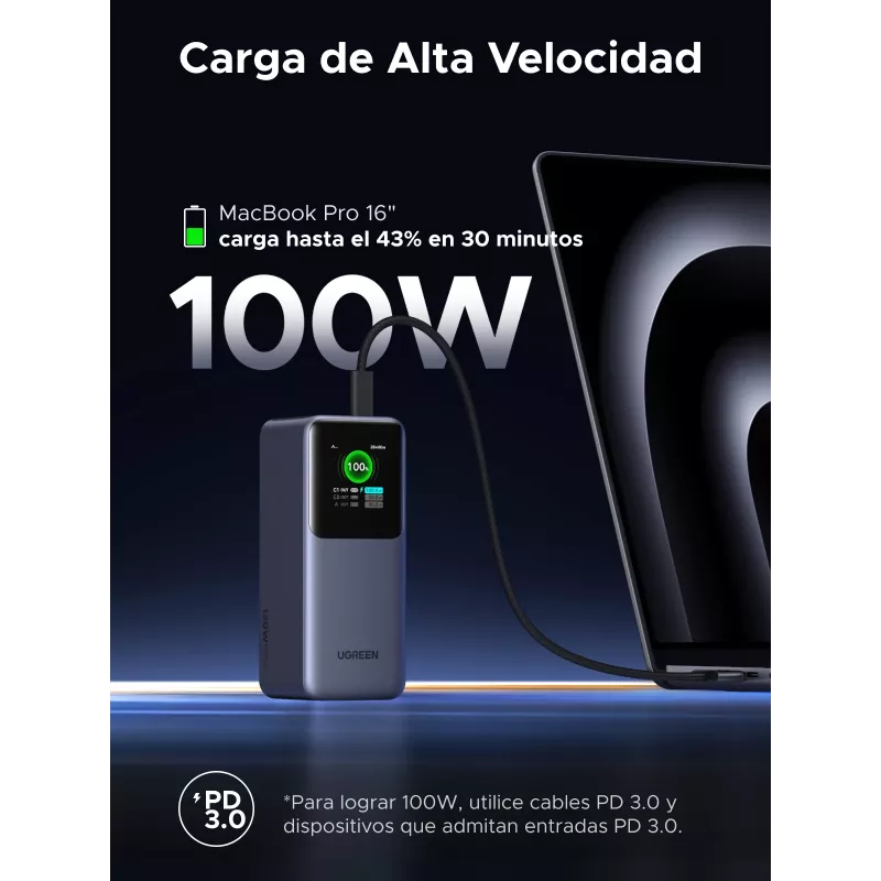 Ugreen 20000mAh 130W ātrās uzlādes ārējais akumulators litija pelēks