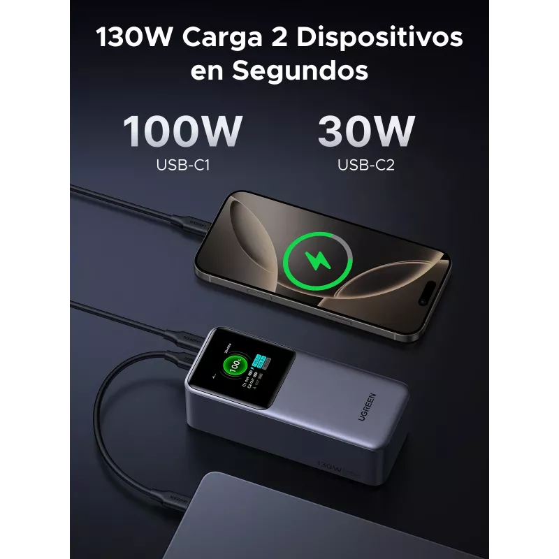 Ugreen 20000mAh 130W ātrās uzlādes ārējais akumulators litija pelēks