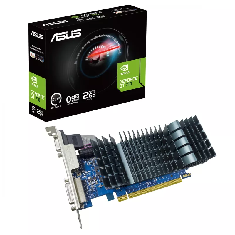 Grafikas karte ASUS GeForce GT 710 — 2 GB GDDR5, 64 bitu, PCIe 2.0, pasīvā dzesēšana