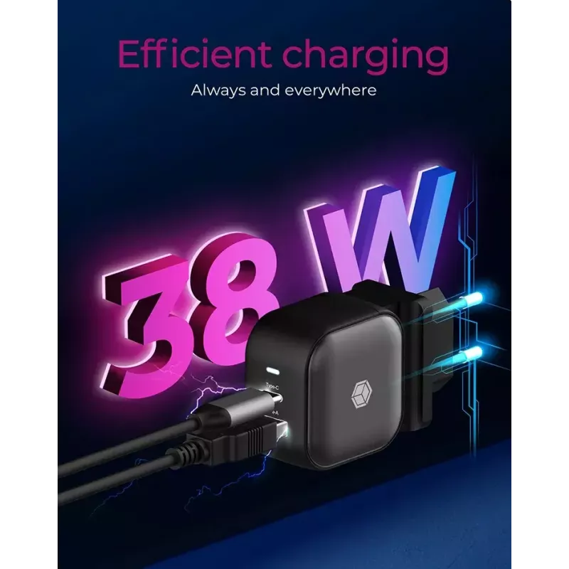 Wall Charger ICY BOX 2-port USB Power Delivery Fast Charging Melns