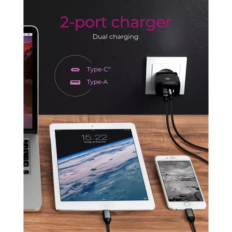Wall Charger ICY BOX 2-port USB Power Delivery Fast Charging Melns