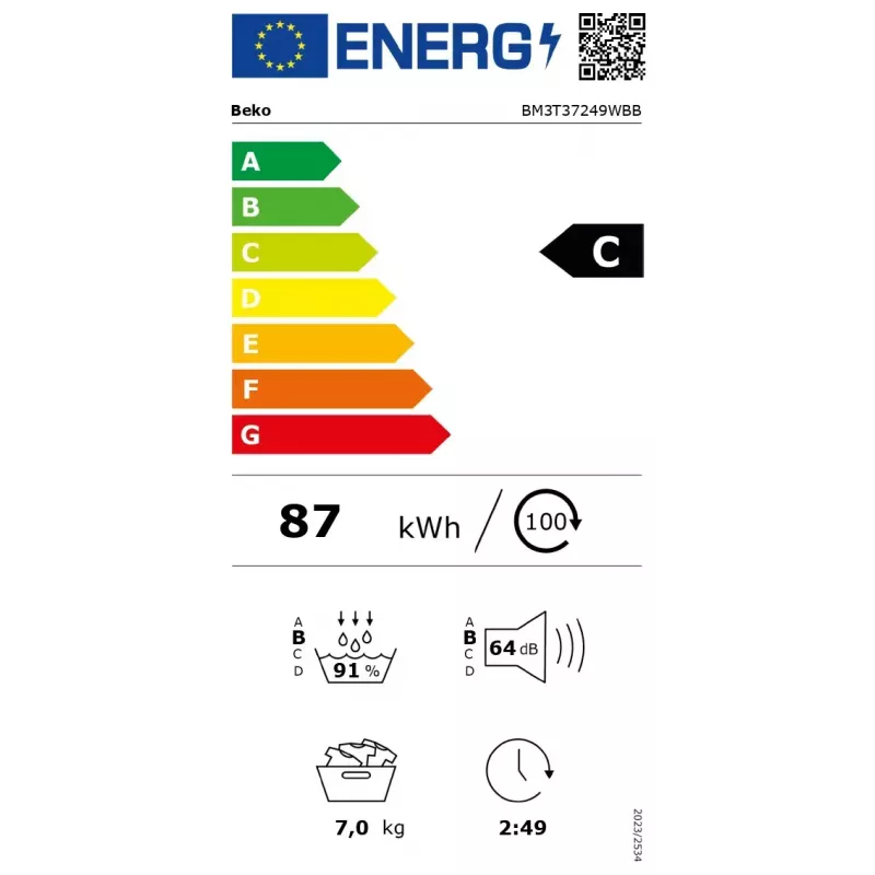 BEKO veļas žāvētājs | BM3T37249WBB | Energoefektivitātes klase C | Ielādējams no priekšpuses | 7 kg | Digitāls | Dziļums 54,5 cm | Balts