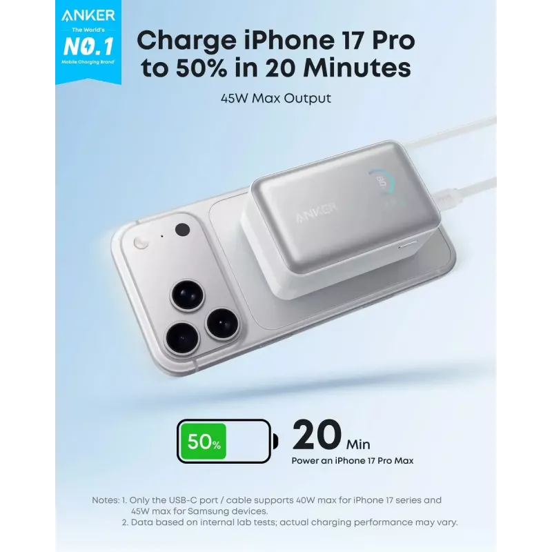 Ārējais akumulators Anker Nano 45W ar iebūvētu ievelkamu USB-C kabeli A1638H11 10000 mAh Melns