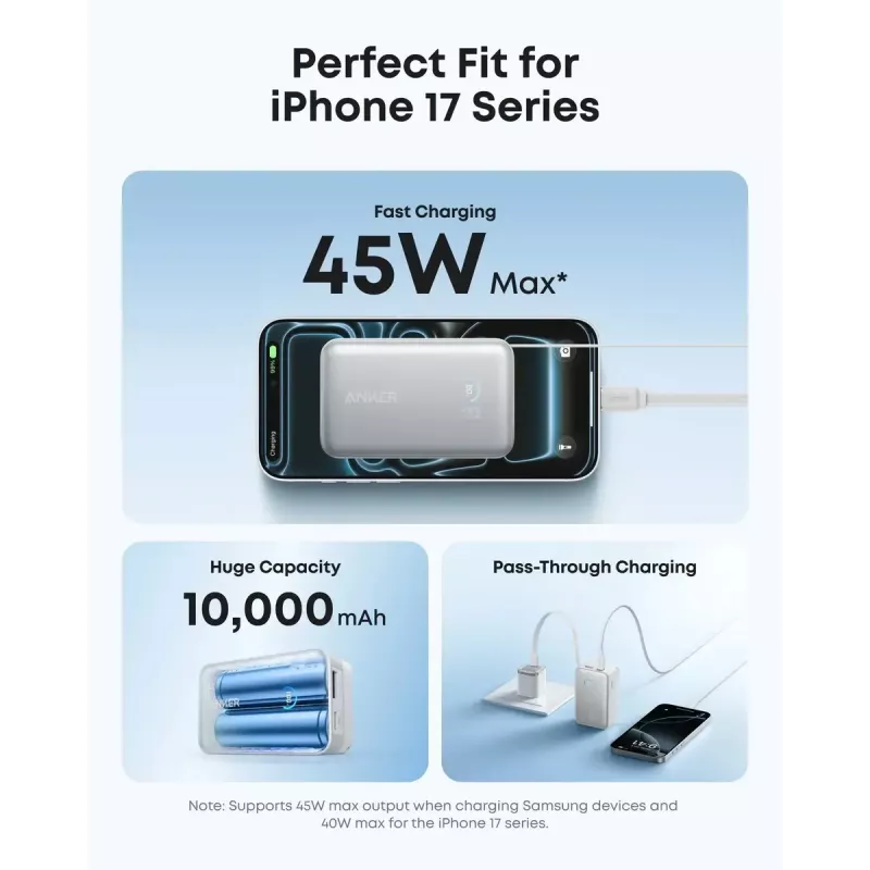 Ārējais akumulators Anker Nano 45W ar iebūvētu ievelkamu USB-C kabeli A1638H11 10000 mAh Melns