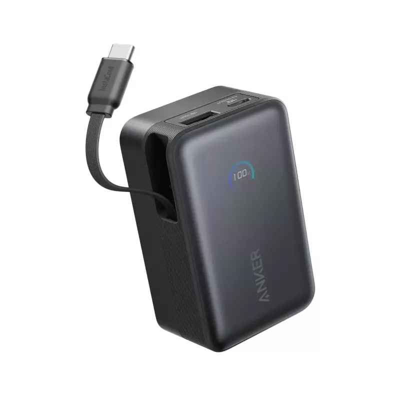 Ārējais akumulators Anker Nano 45W ar iebūvētu ievelkamu USB-C kabeli A1638H11 10000 mAh Melns