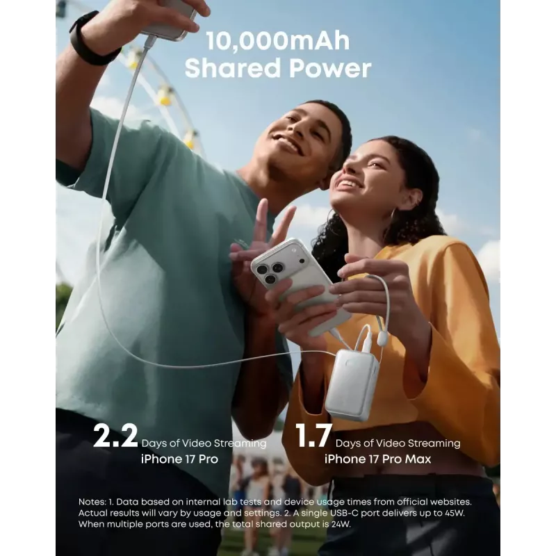Ārējais akumulators Anker Nano 45W ar iebūvētu ievelkamu USB-C kabeli A1638H11 10000 mAh Melns