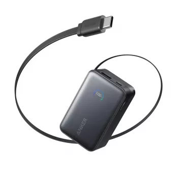 Ārējais akumulators Anker Nano 45W ar iebūvētu ievelkamu USB-C kabeli A1638H11 10000 mAh Melns