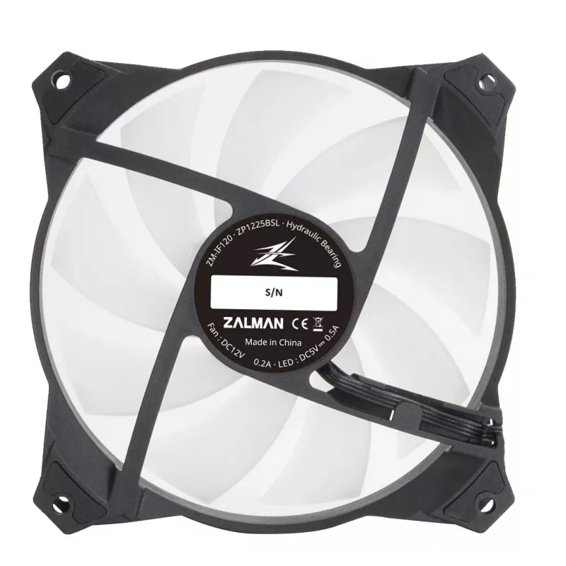 Zalman ZM-IF120 120mm pienbalts aRGB ventilators ar bezgalības efektu, 1 200 RPM, 21,0 dB(A), 55,2 CFM, datora korpusa ventilators, 12 cm