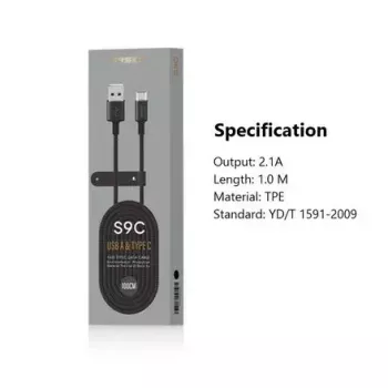 USB A uz USB-C kabelis Orsen S9C 1 m, 2.1 A, melns