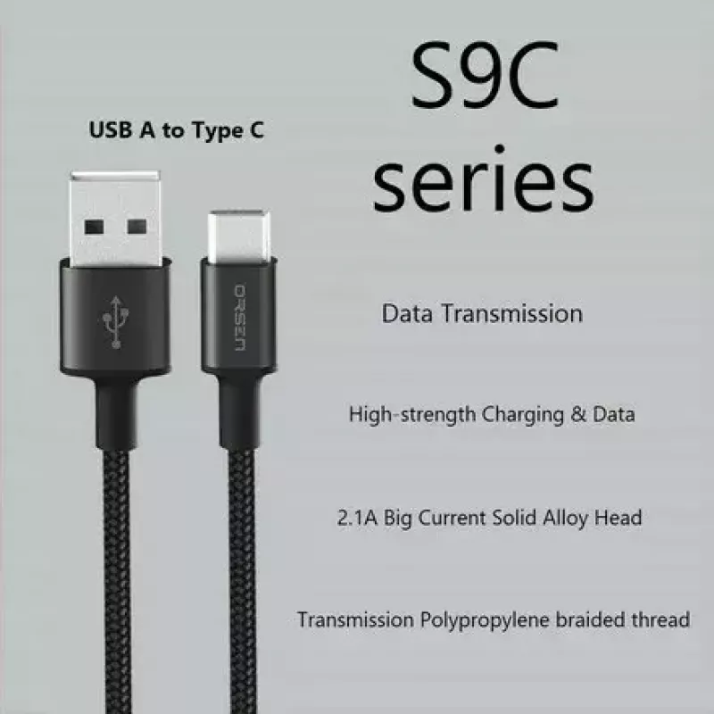 USB A uz USB-C kabelis Orsen S9C 1 m, 2.1 A, melns