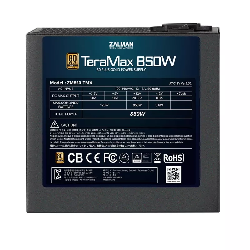 Zalman ZM850-TMX TerraMax 80 PLUS GOLD barošanas bloks 850W/pilnībā modulārs 99.9% aktīvs JKK/viena barošanas bloks melns