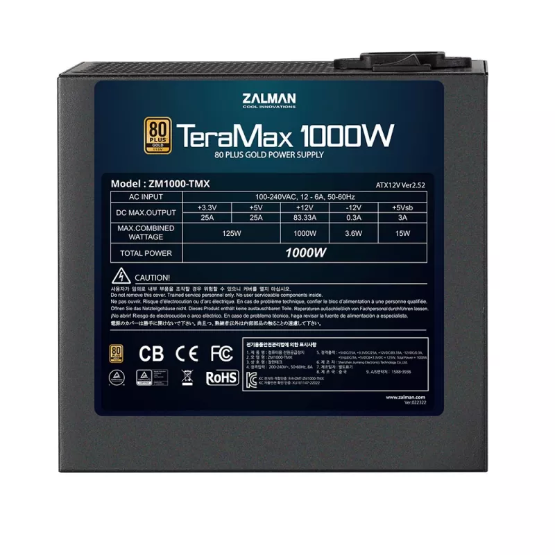 Zalman ZM1200-TMX TerraMax 80 PLUS GOLD barošanas bloks 1200W/pilnībā modulārs 99.9% aktīvs PFC/viens barošanas bloks