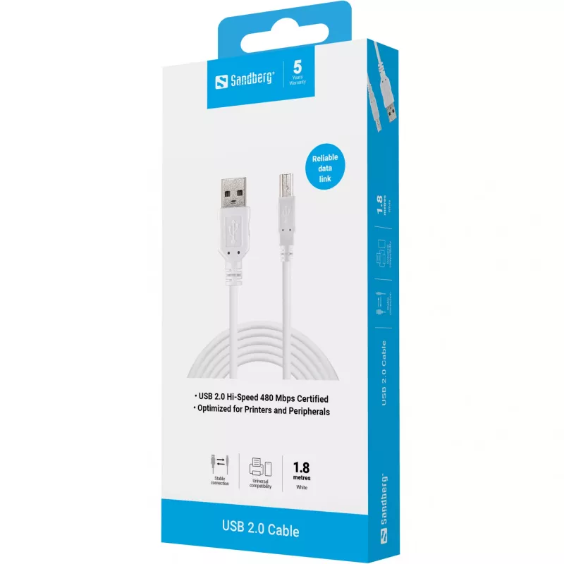 USB 2.0 A-B vīrieša kabelis Sandberg 502-78 1.8m