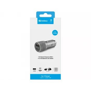 Sandberg automašīnas lādētājs 1xQC3.0+1xUSB-C 48W, Auto, Cigarešu pieslēgvieta, 12 V, Metālisks