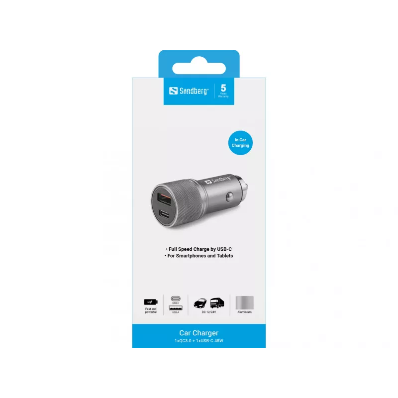 Sandberg automašīnas lādētājs 1xQC3.0+1xUSB-C 48W, Auto, Cigarešu pieslēgvieta, 12 V, Metālisks