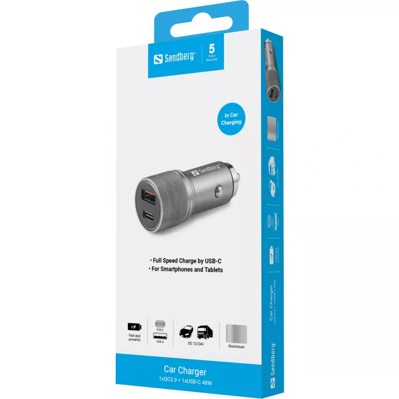 Sandberg automašīnas lādētājs 1xQC3.0+1xUSB-C 48W, Auto, Cigarešu pieslēgvieta, 12 V, Metālisks