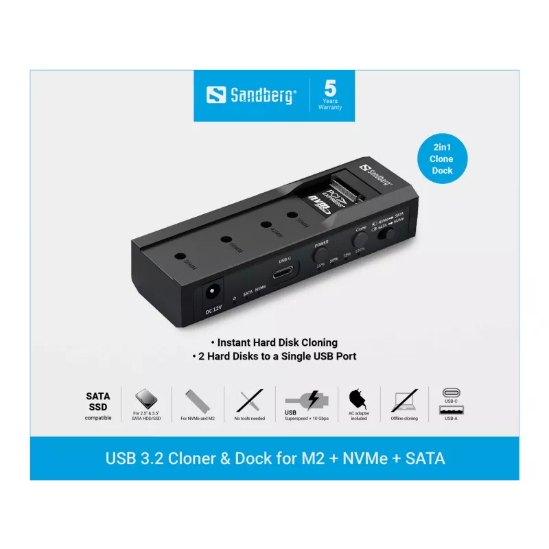 Sandberg USB 3.2 Cloner and Dock for M2 + NVMe + SATA