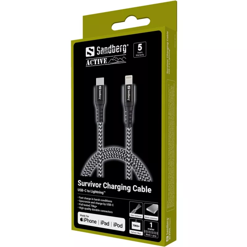 Sandberg Survivor USB-C PD>Lightning 1M kabelis 1m 28g