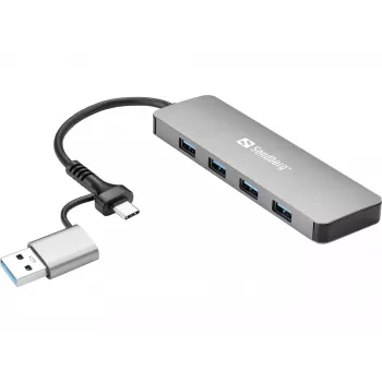 Sandberg USB-C/A uz 4xUSB 3.0 centrmezgls, alumīnija, 5000 Mbit/s