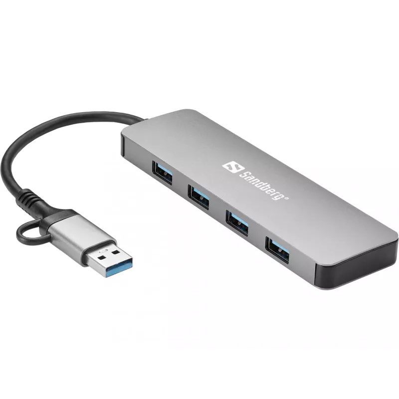 Sandberg USB-C/A uz 4xUSB 3.0 centrmezgls, alumīnija, 5000 Mbit/s