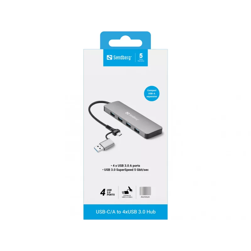 Sandberg USB-C/A uz 4xUSB 3.0 centrmezgls, alumīnija, 5000 Mbit/s