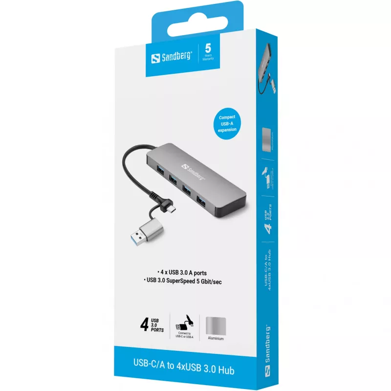Sandberg USB-C/A uz 4xUSB 3.0 centrmezgls, alumīnija, 5000 Mbit/s