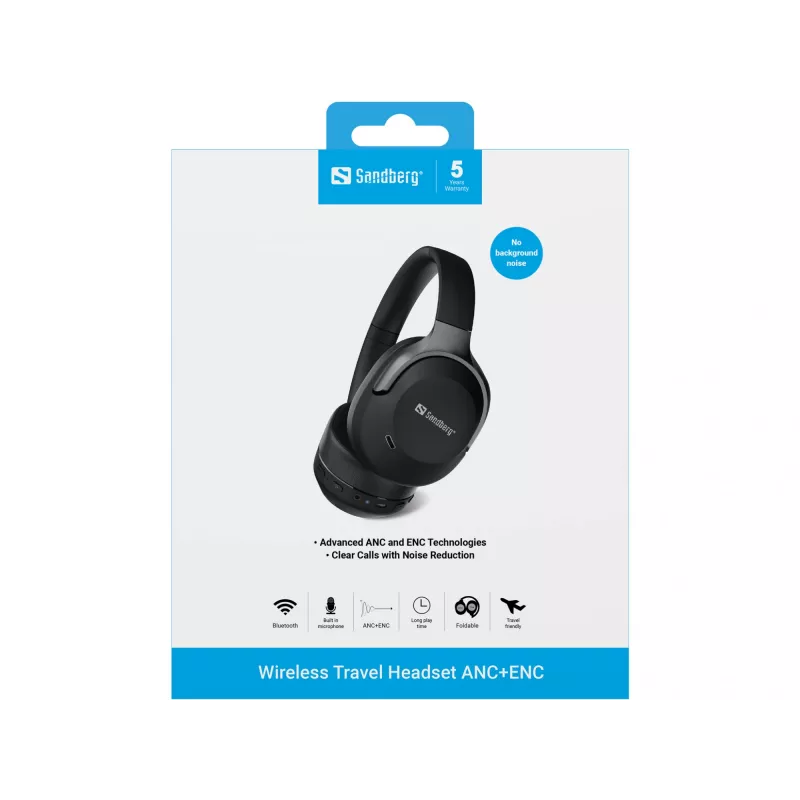 Sandberg Wireless Travel Headset ANC+ENC, bezvadu, zvaniem/mūzikai, 228 g, austiņas, melnas