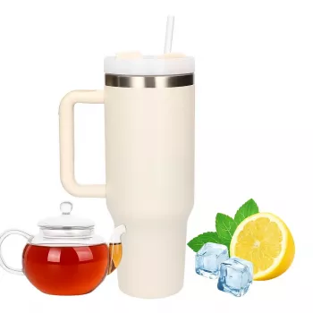 Ceļojumu krūze Extralink Melns Forest 1200 ml smilškrāsas — termokrūze ar salmiņu un rokturi