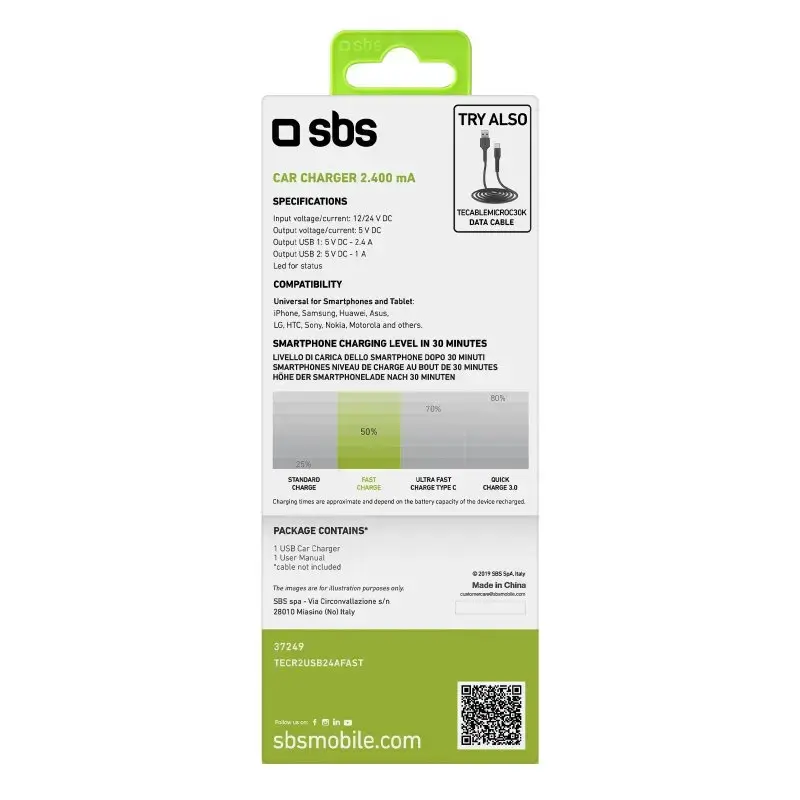 Auto lādētājs SBS Mobile TECR2USB24AFAST — Auto USB lādētājs, cigarešu piesmēķētāja strāva, universāls, melns