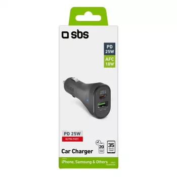 Auto lādētājs SBS Mobile TECRPD25W — Automašīnas cigarešu pieslēgvieta, 12–24 V, 1×USB-A, 1×USB-C, ātrā uzlāde, melns