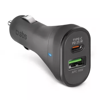 Auto lādētājs SBS Mobile TECRPD25W — Automašīnas cigarešu pieslēgvieta, 12–24 V, 1×USB-A, 1×USB-C, ātrā uzlāde, melns