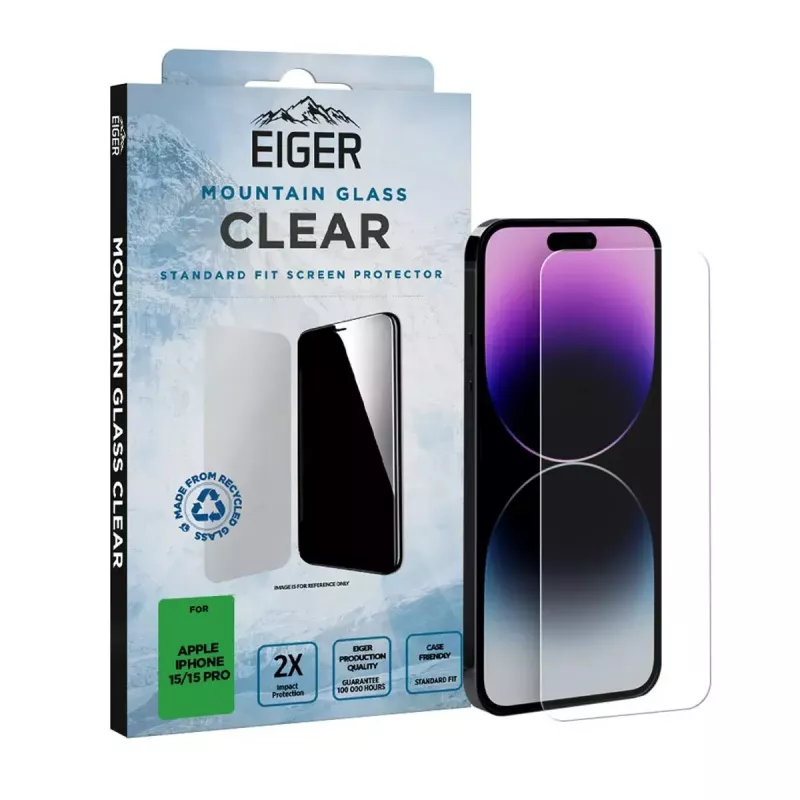 Ekrāna aizsargstikls EIGER Mountain Glass Clear iPhone 15/15 Pro rūdīts stikls