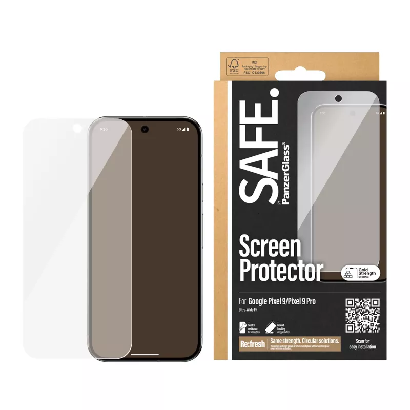 Ekrāna aizsargs PanzerGlass SAFE. by ® Google Pixel 9 | 9 Pro īpaši plata pielāgošanās pret skrāpējumiem un triecieniem izturīgs