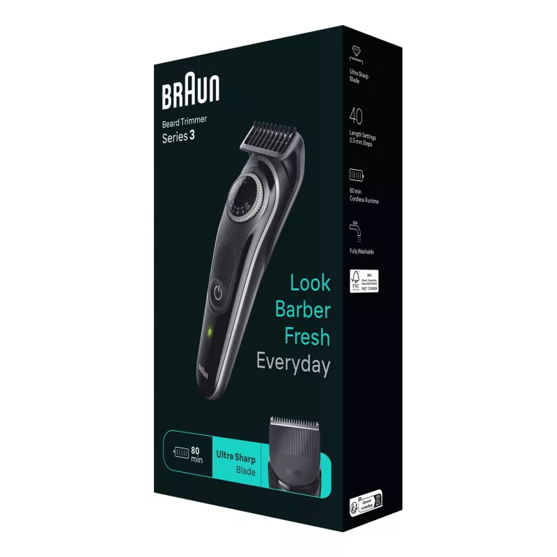 Braun BeardTrimmer 3 Bārdas Trimmeris 3 BT3440, Mazgājams, Baterija, Melns