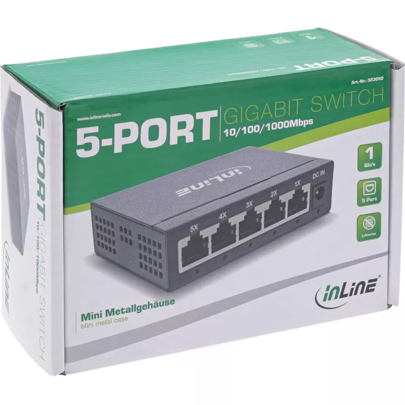 InLine Gigabit tīkla komutators 5 portu, 1 Gb/s, galddators, metāla korpuss, bez ventilatora