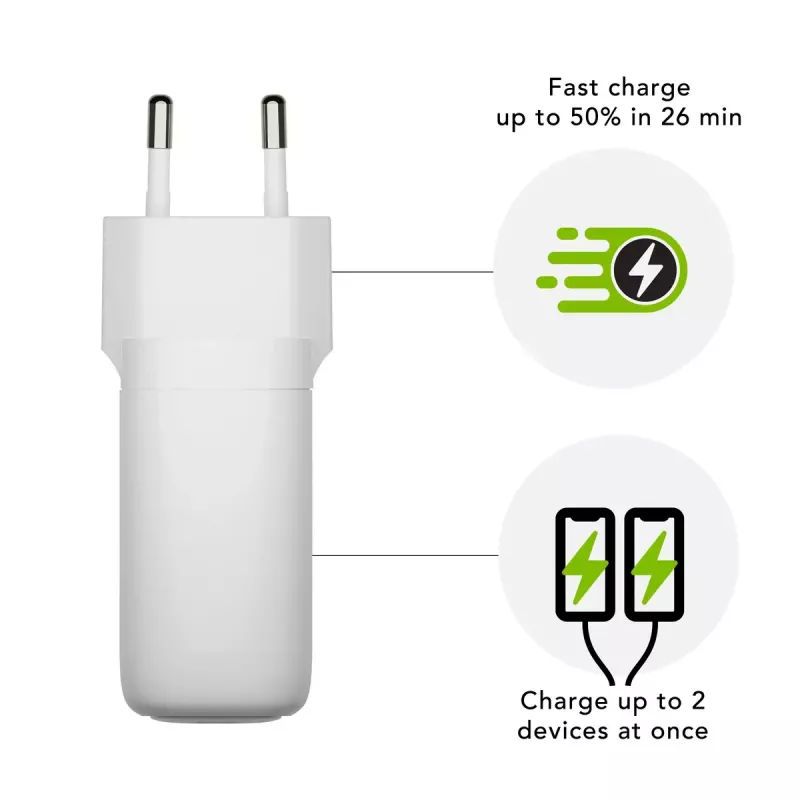 d bramante re-charge Pro EU lādētājs – iekštelpu maiņstrāva 110–240 V, USB‑C 65 W + USB‑A 18 W, balts