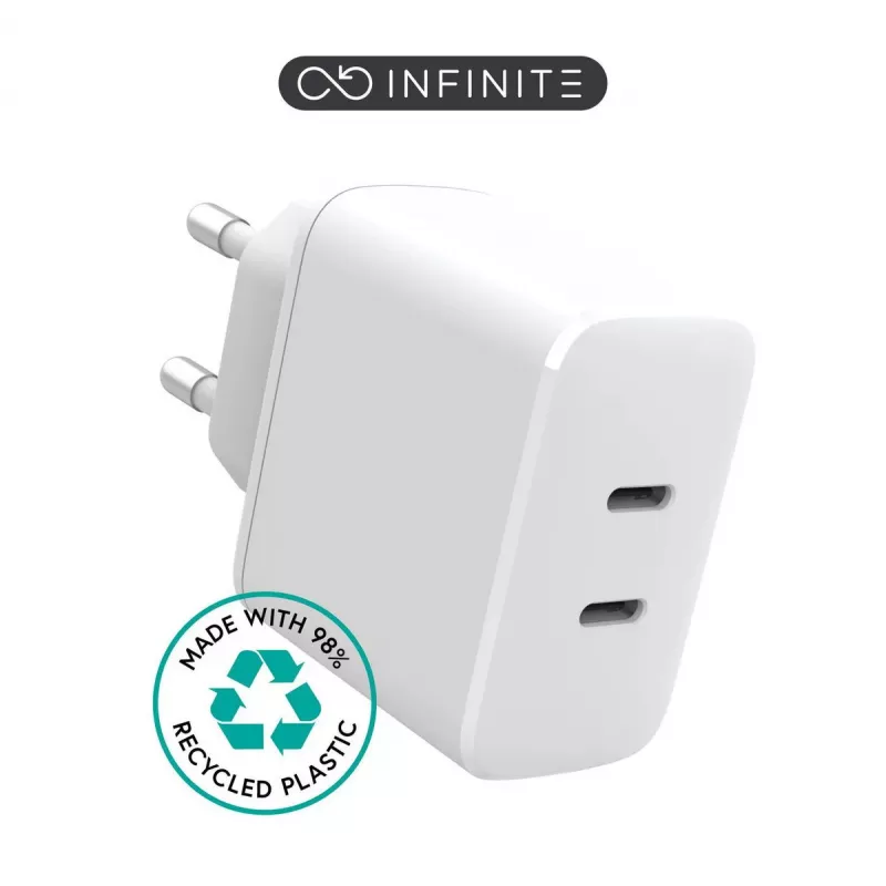 Iekštelpu lādētājs eSTUFF ES637035 viedtālruņiem ātrā uzlāde 2 USB Type-C balts