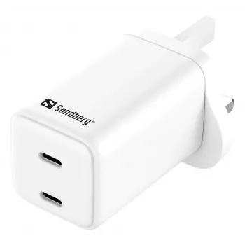 Maiņstrāvas lādētājs SANDBERG Dual USB-C PD65W UK 441-62 — divi USB-C PD 65W, UK spraudnis