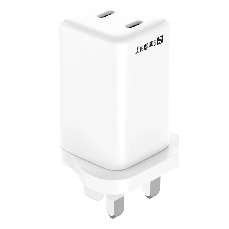 Maiņstrāvas lādētājs SANDBERG Dual USB-C PD65W UK 441-62 — divi USB-C PD 65W, UK spraudnis
