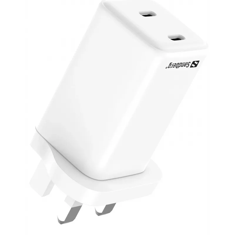Maiņstrāvas lādētājs SANDBERG Dual USB-C PD65W UK 441-62 — divi USB-C PD 65W, UK spraudnis