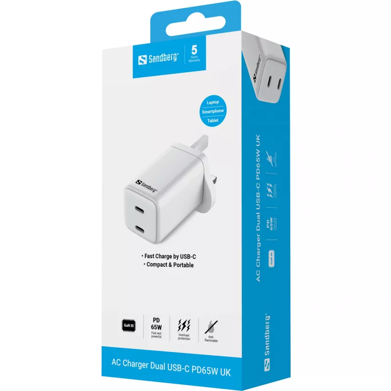 Maiņstrāvas lādētājs SANDBERG Dual USB-C PD65W UK 441-62 — divi USB-C PD 65W, UK spraudnis