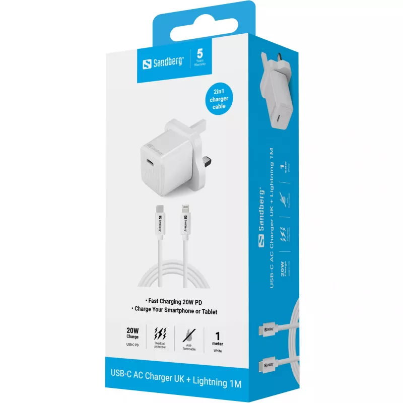 USB-C lādētājs SANDBERG 441-64 20W UK kontaktdakša — ātra USB Power Delivery uzlāde