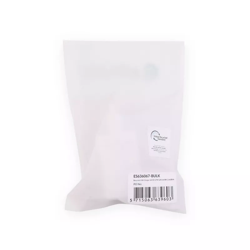 eSTUFF mājas lādētājs USB-C PD 67W GaN UK spraudnis - balts - 100% pārstrādāta plastmasa