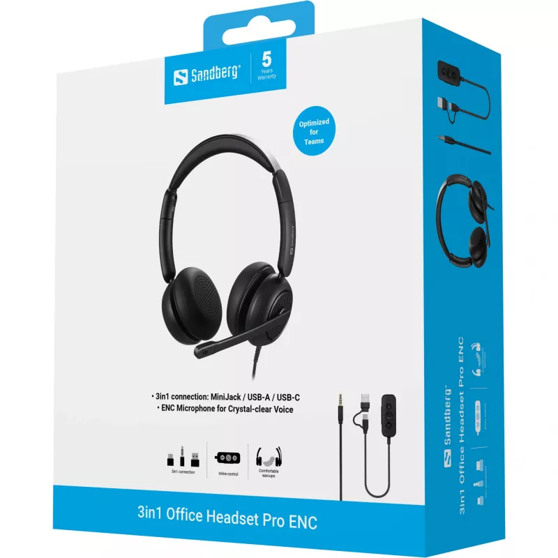 Vadu austiņas Sandberg 3in1 Office Headset Pro ENC 20-20000 Hz