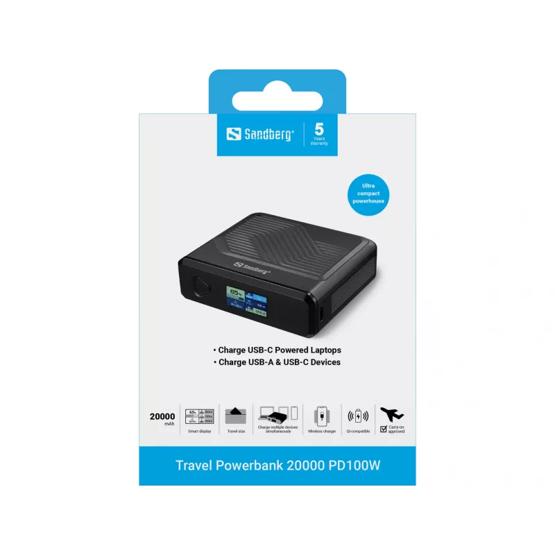 Pārnēsājams lādētājs Sandberg Travel Powerbank 20000 PD100W, 20000 mAh