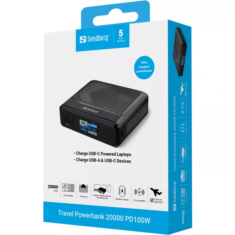 Pārnēsājams lādētājs Sandberg Travel Powerbank 20000 PD100W, 20000 mAh