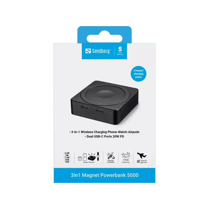 Portable baterija Sandberg 3in1 Magnet Powerbank 5000, 5000 mAh